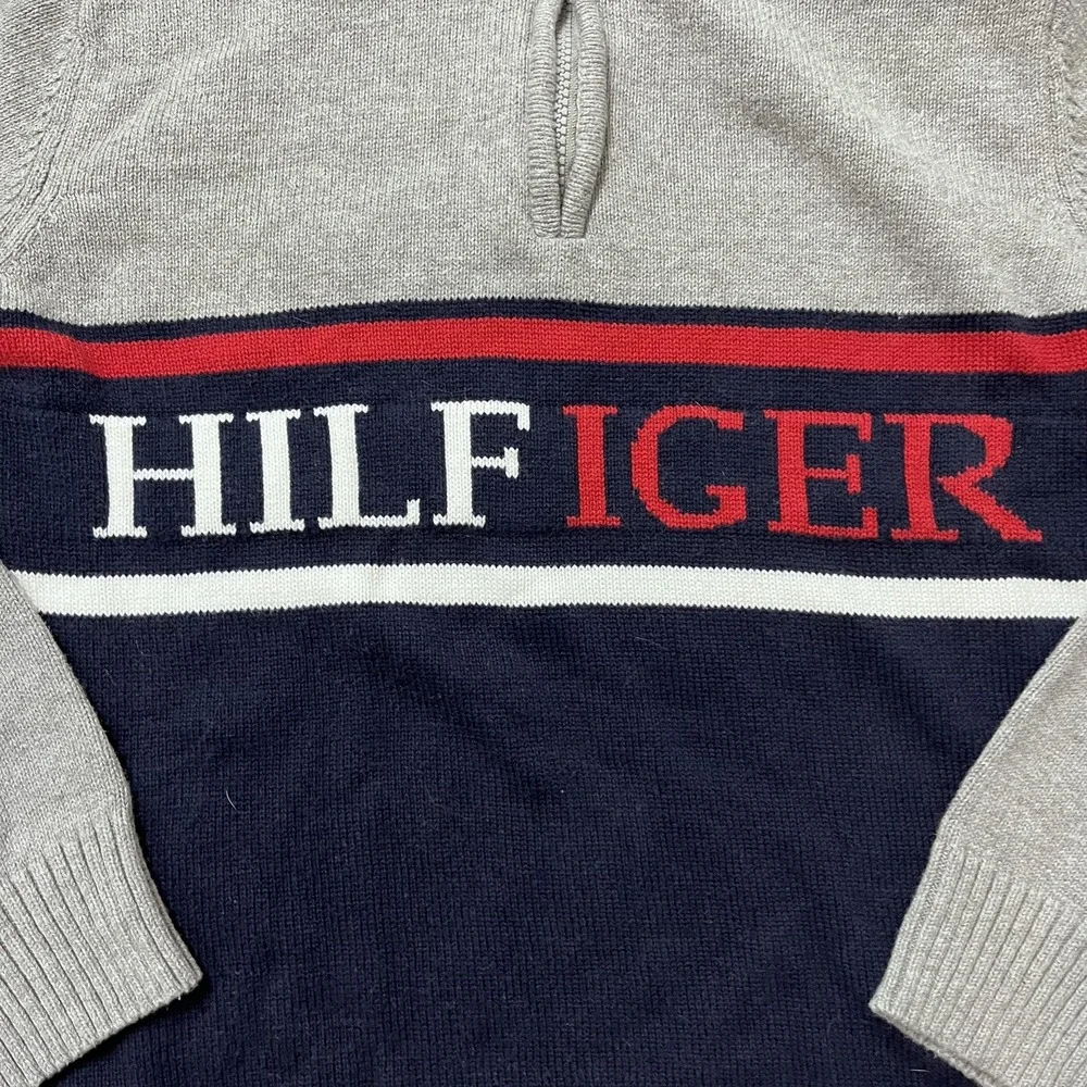 Tommy Hilfiger Sweater Youth Large‎ 16/18 Gray Navy Half Zip Pullover Spell Out
